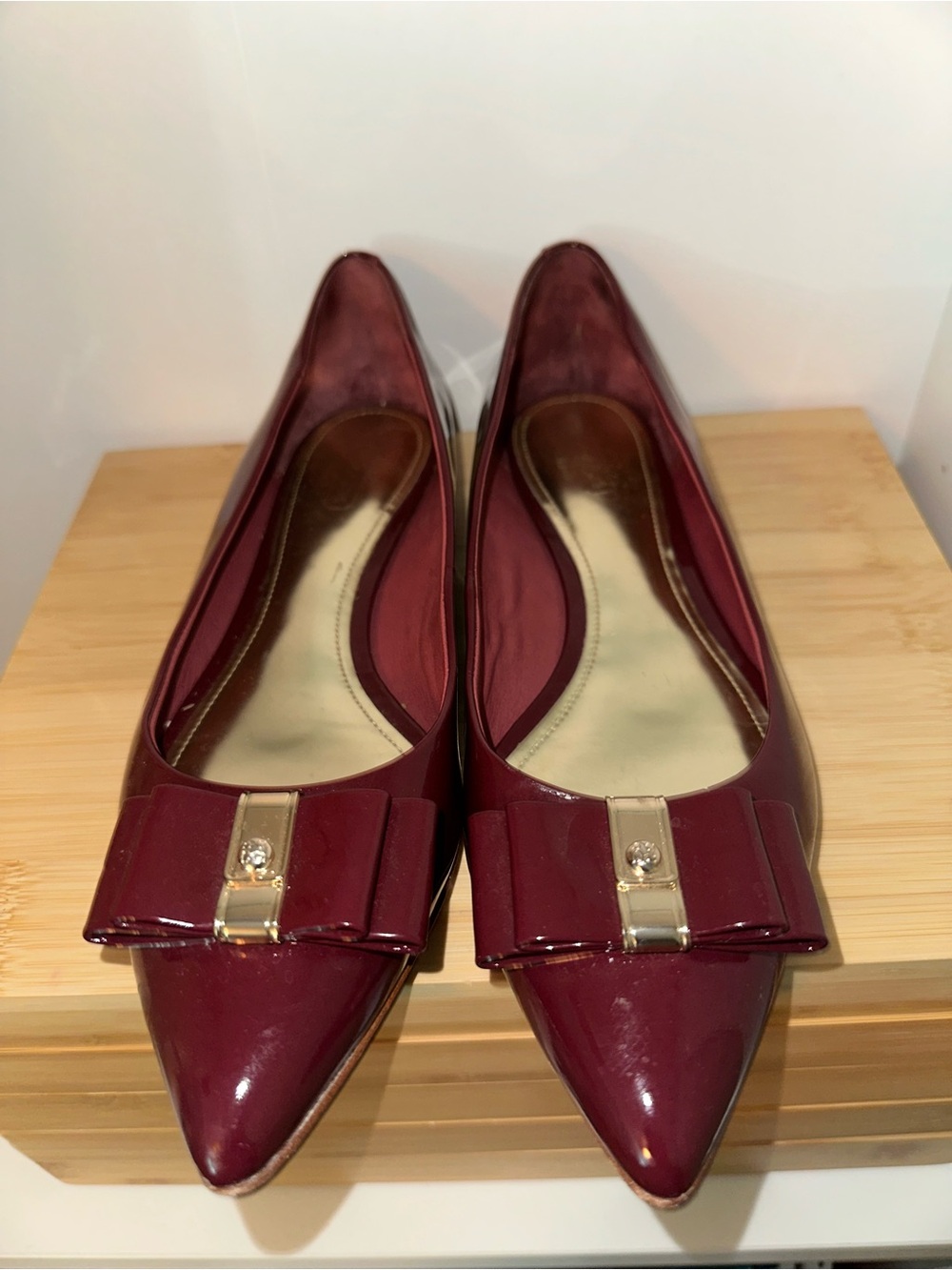 Coach Burgundy Patent Pointed-Toe Flats with Bow Trim
